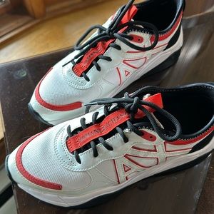 Sz 7 women’s Armani Exchange sneakers, white red, black.like new, only worn once